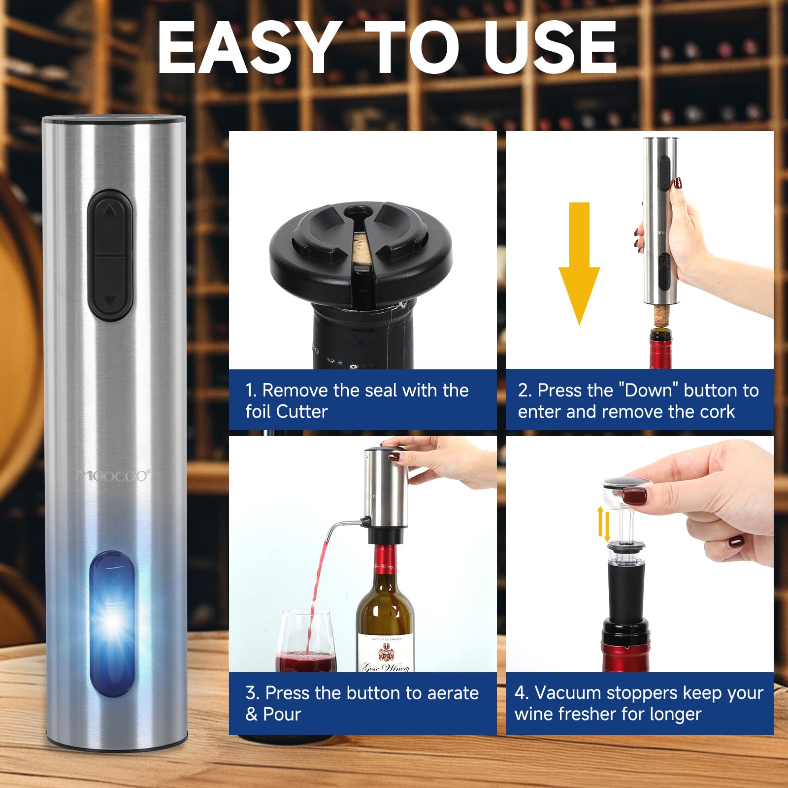 Moocoo vacuum stoppers seal an opened bottle for later.