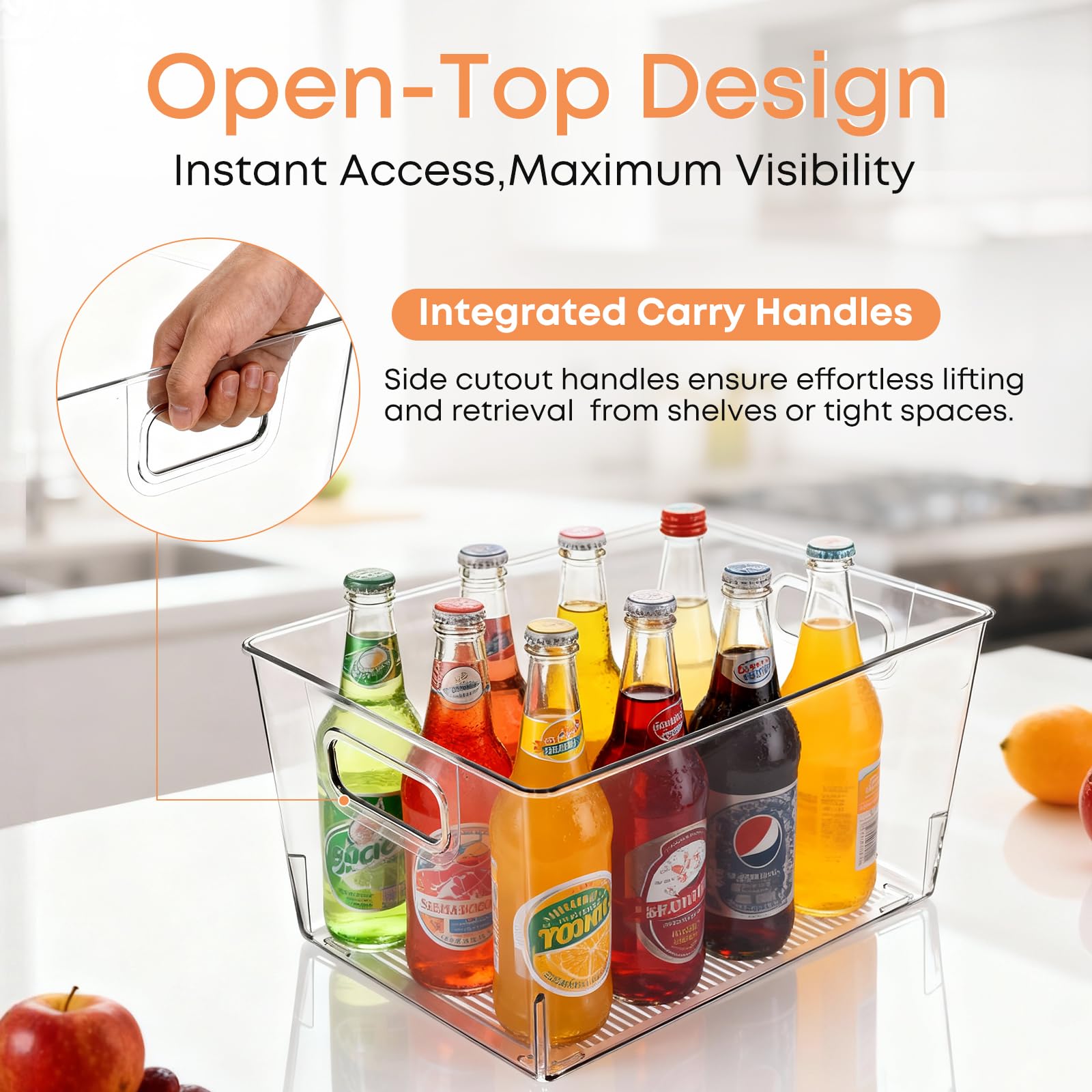 Moonedge large clear bin stable base prevents tipping on shelves.