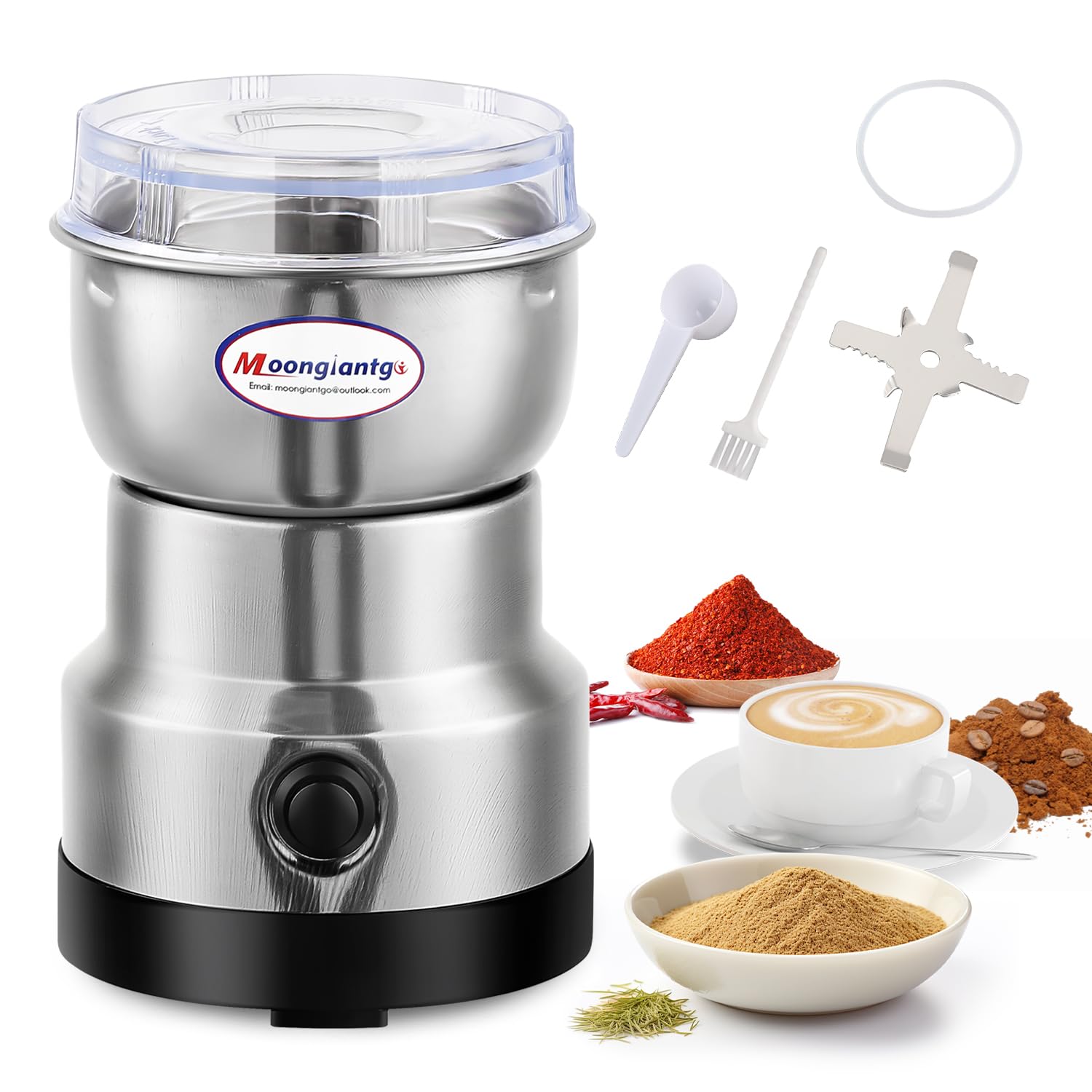 Moongiantgo coffee grinder front view shows a compact, space-saving design.