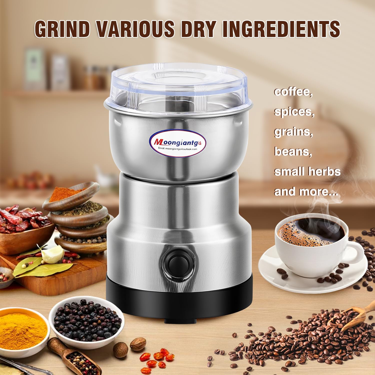 Moongiantgo coffee grinder in action demonstrates quick, consistent grinding.