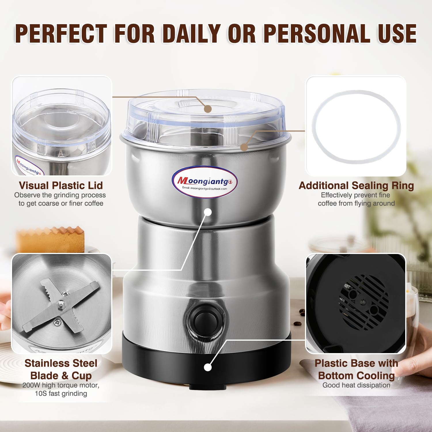 Moongiantgo coffee grinder top lid with transparent view for monitoring grind size.
