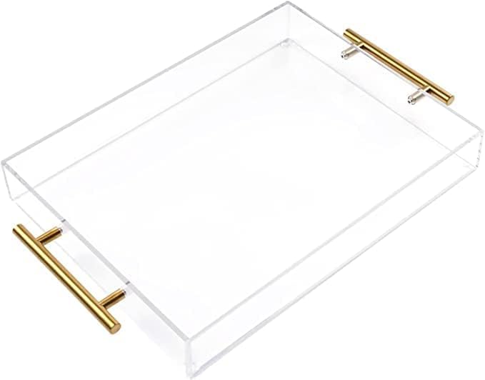 Moonlit Pond clear acrylic tray with golden handles on a stylish table, ideal for serving