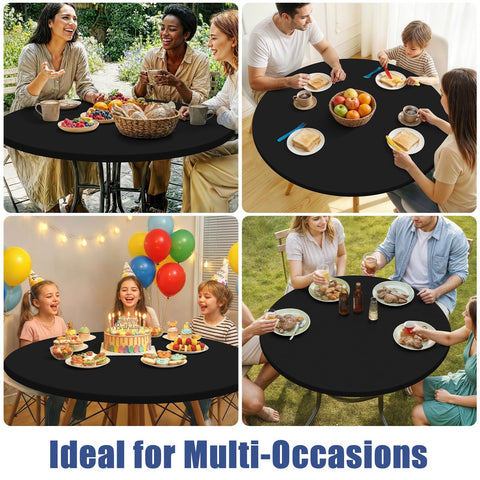 Sleek black Moosfor tablecloth covering a dining table.