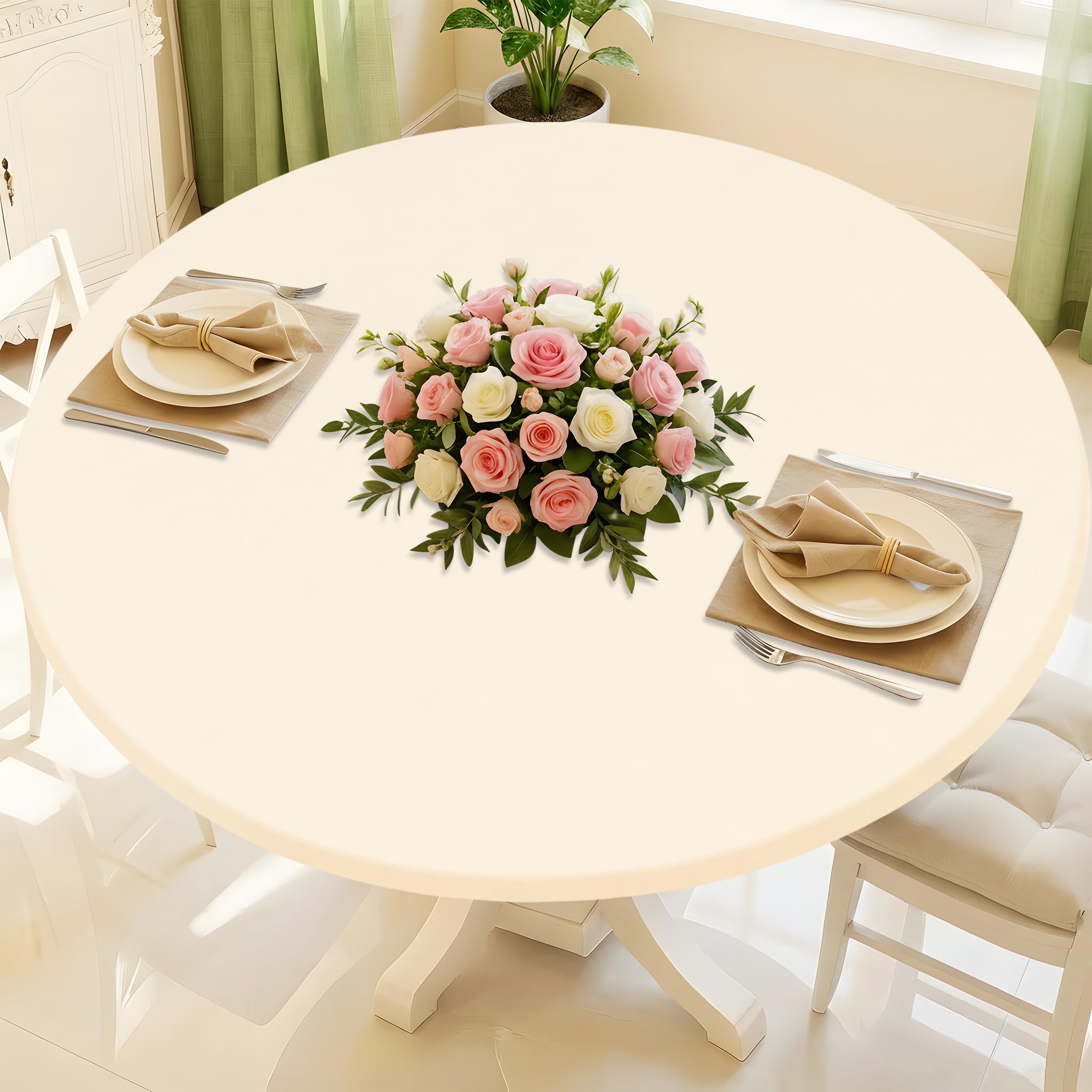 Moosfor Round Spandex Tablecloth fits 36-44 inch tables, waterproof and easy to clean.