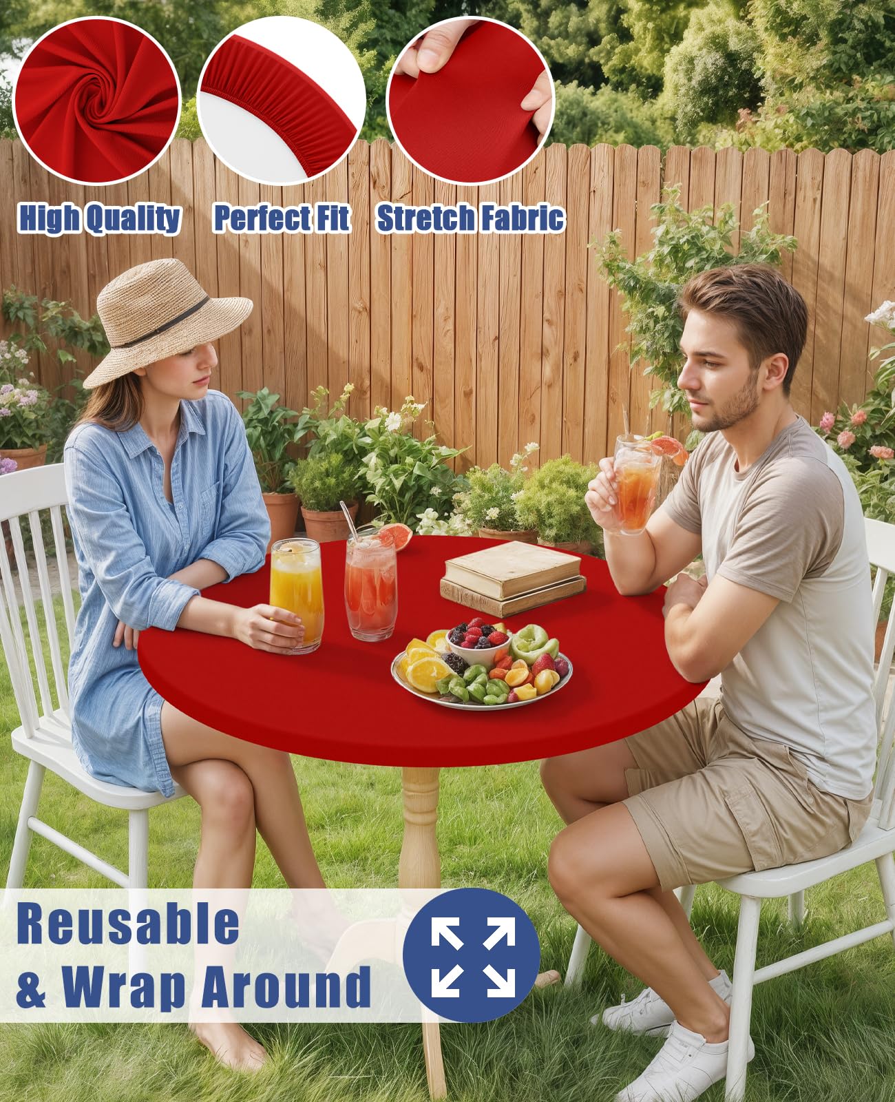 Moosfor round spandex tablecloth indoor and outdoor dining setup.