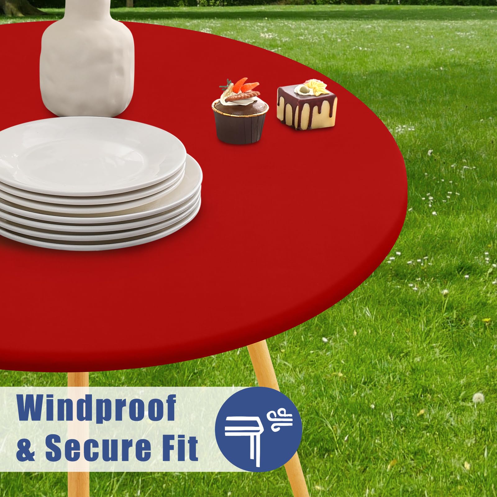 Moosfor round spandex tablecloth machine washable for quick reuse.