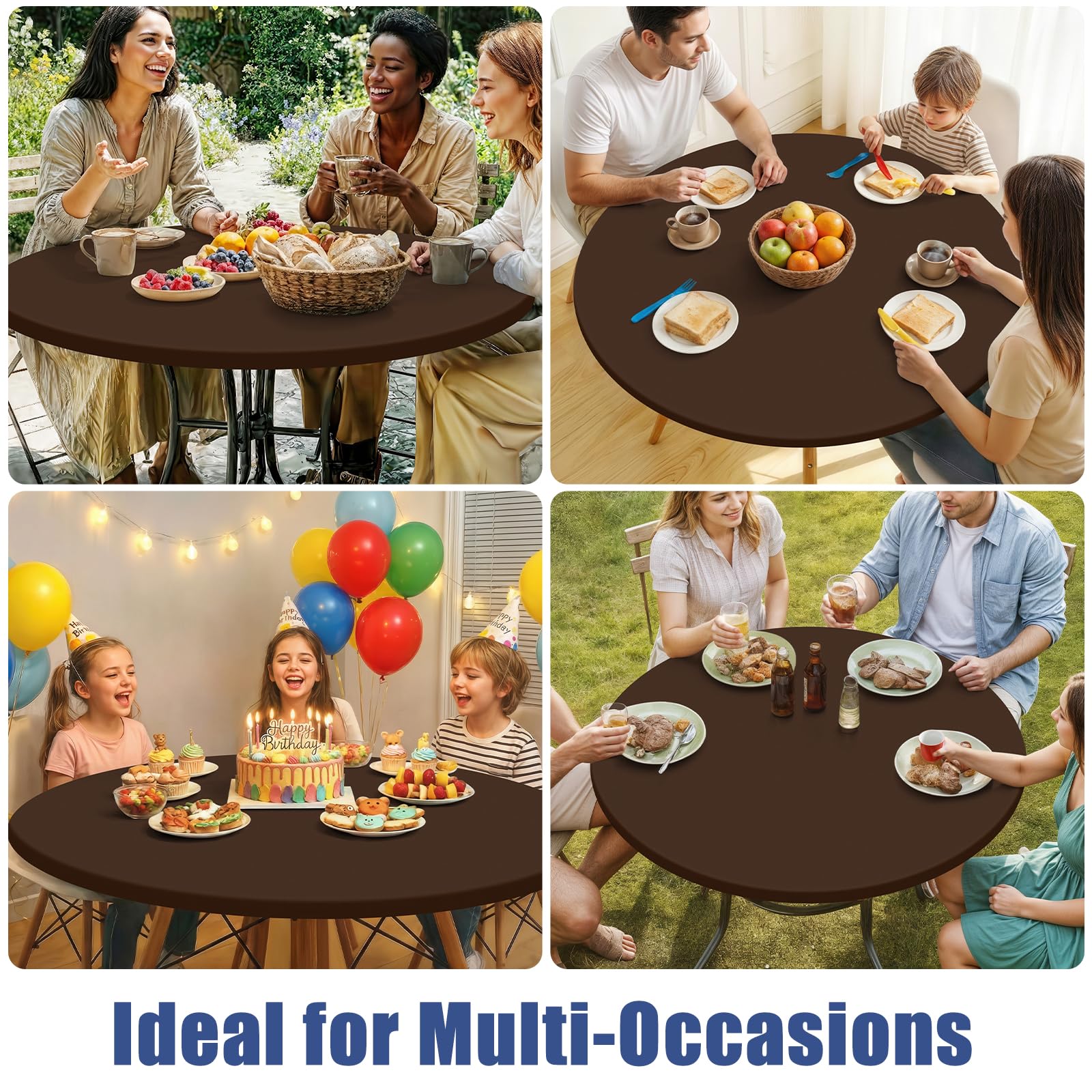 Moosfor round spandex tablecloth packaged flat for compact storage.