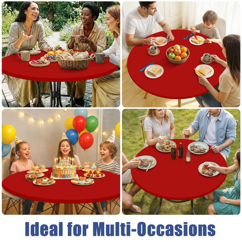 Moosfor round spandex tablecloth red color accent on table.