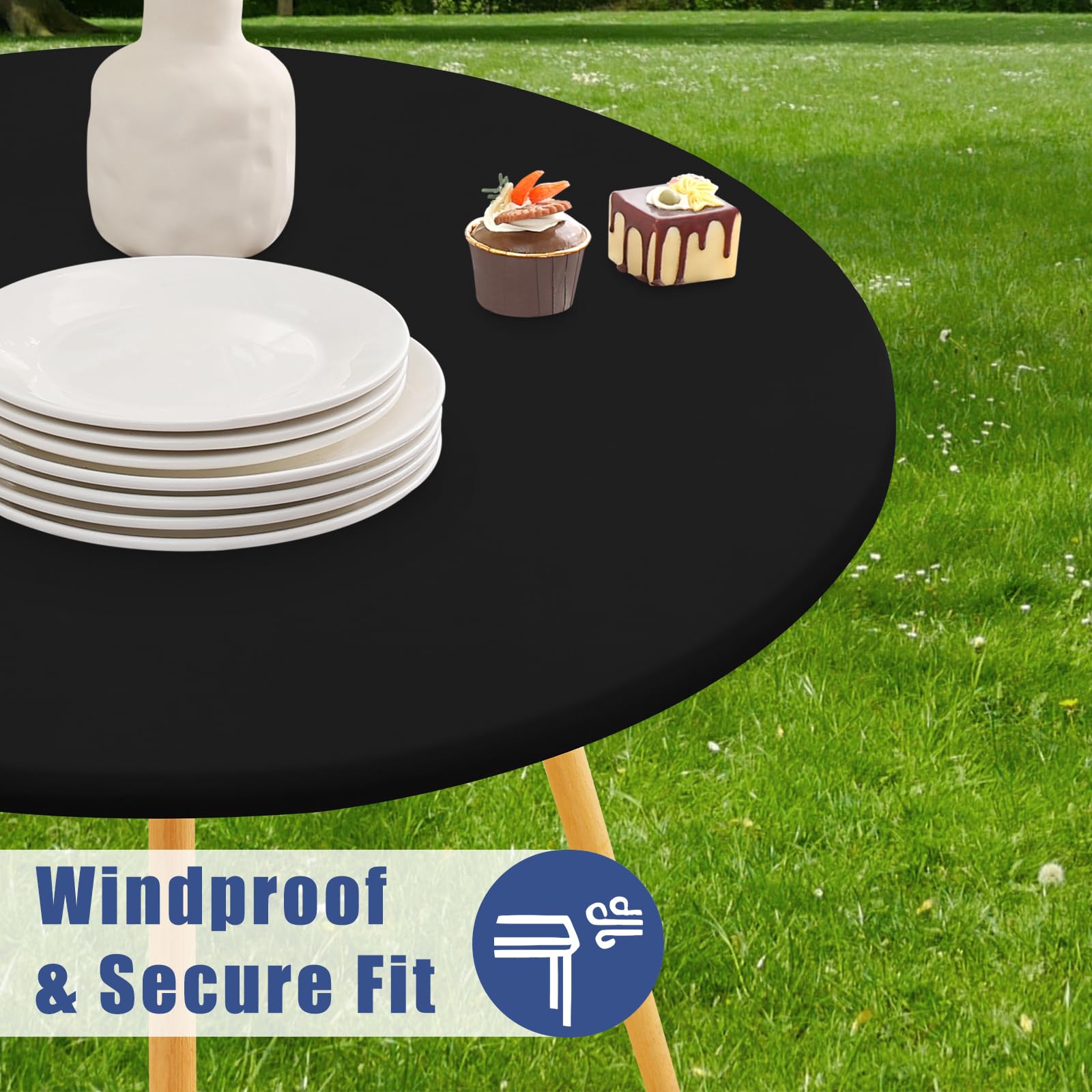 Moosfor Round Spandex Tablecloth on table highlights table-on-table coverage and neat look
