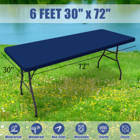 Moosfor Spandex 6ft tablecloth navy folds compactly for storage.