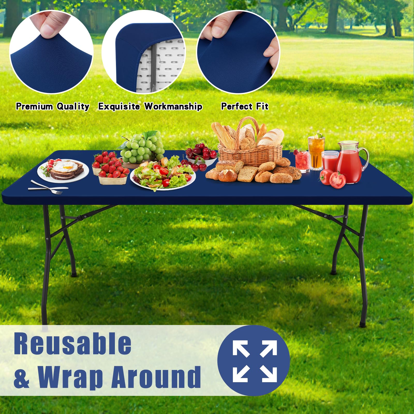Moosfor Spandex 6ft tablecloth navy picnic-ready for versatile indoor and outdoor use.