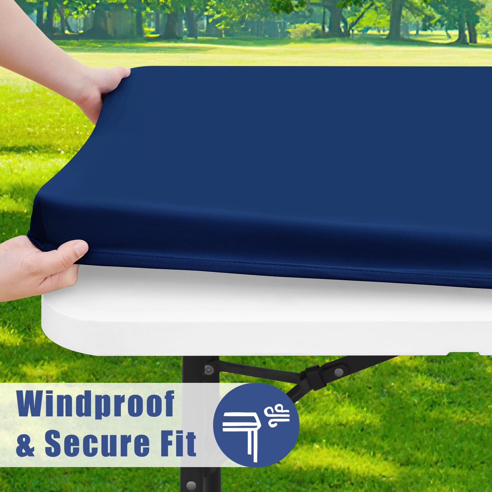 Moosfor Spandex 6ft tablecloth navy water-bead surface for easy spill cleanup.