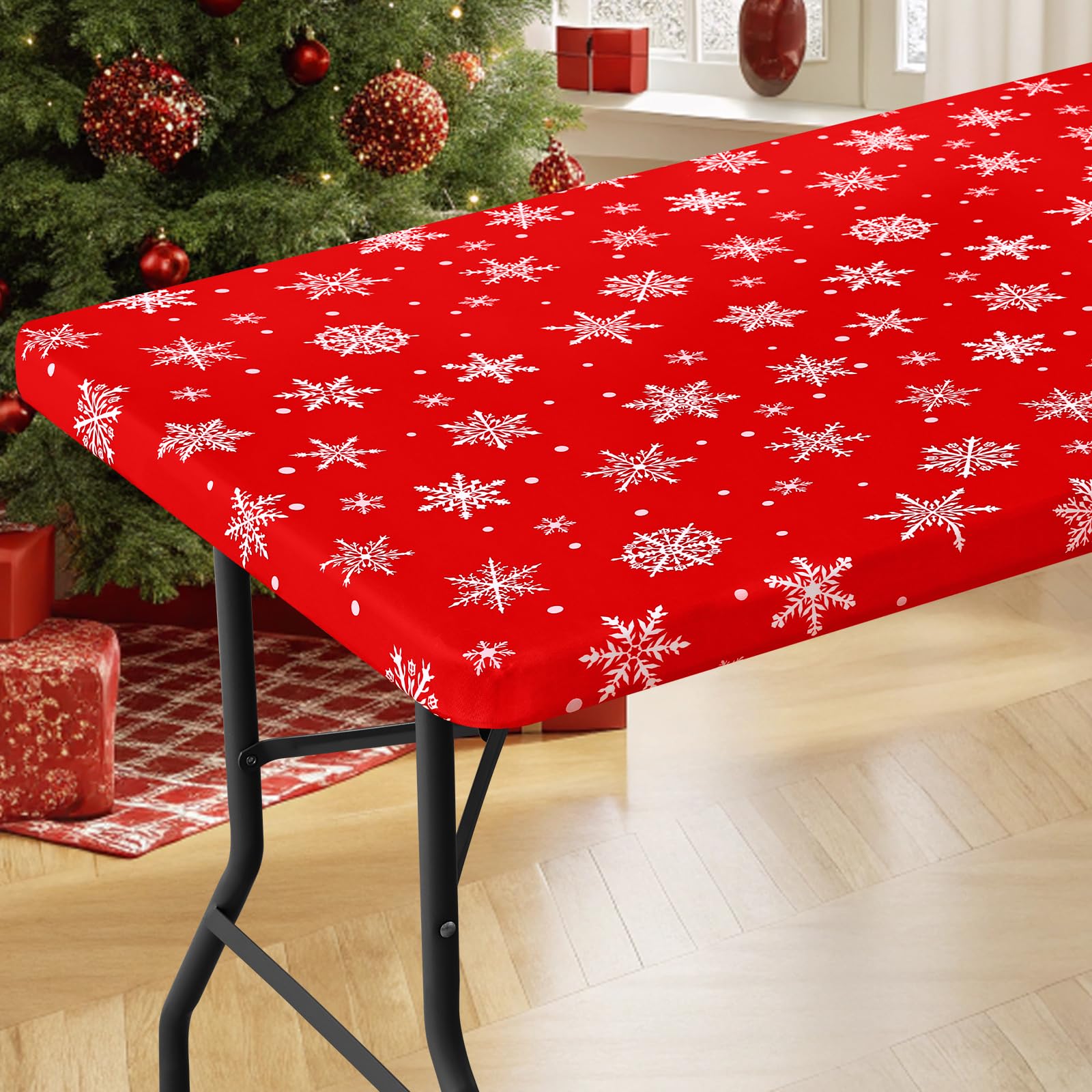 Moosfor Spandex tablecloth on a 6-foot table with dot snowflake pattern for festive dining.