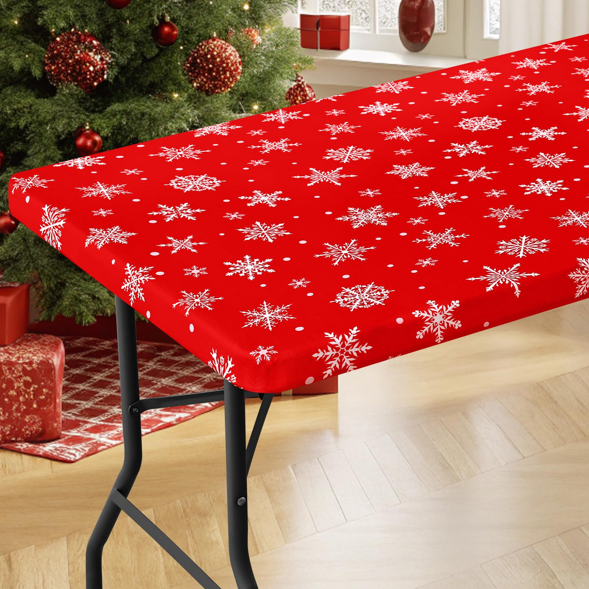 Moosfor Spandex tablecloth on a 6-foot table with dot snowflake pattern for festive dining.