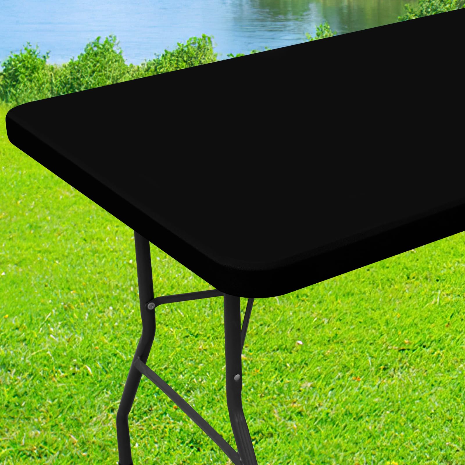 Moosfor Spandex tablecloth on outdoor table with snug elastic fit.