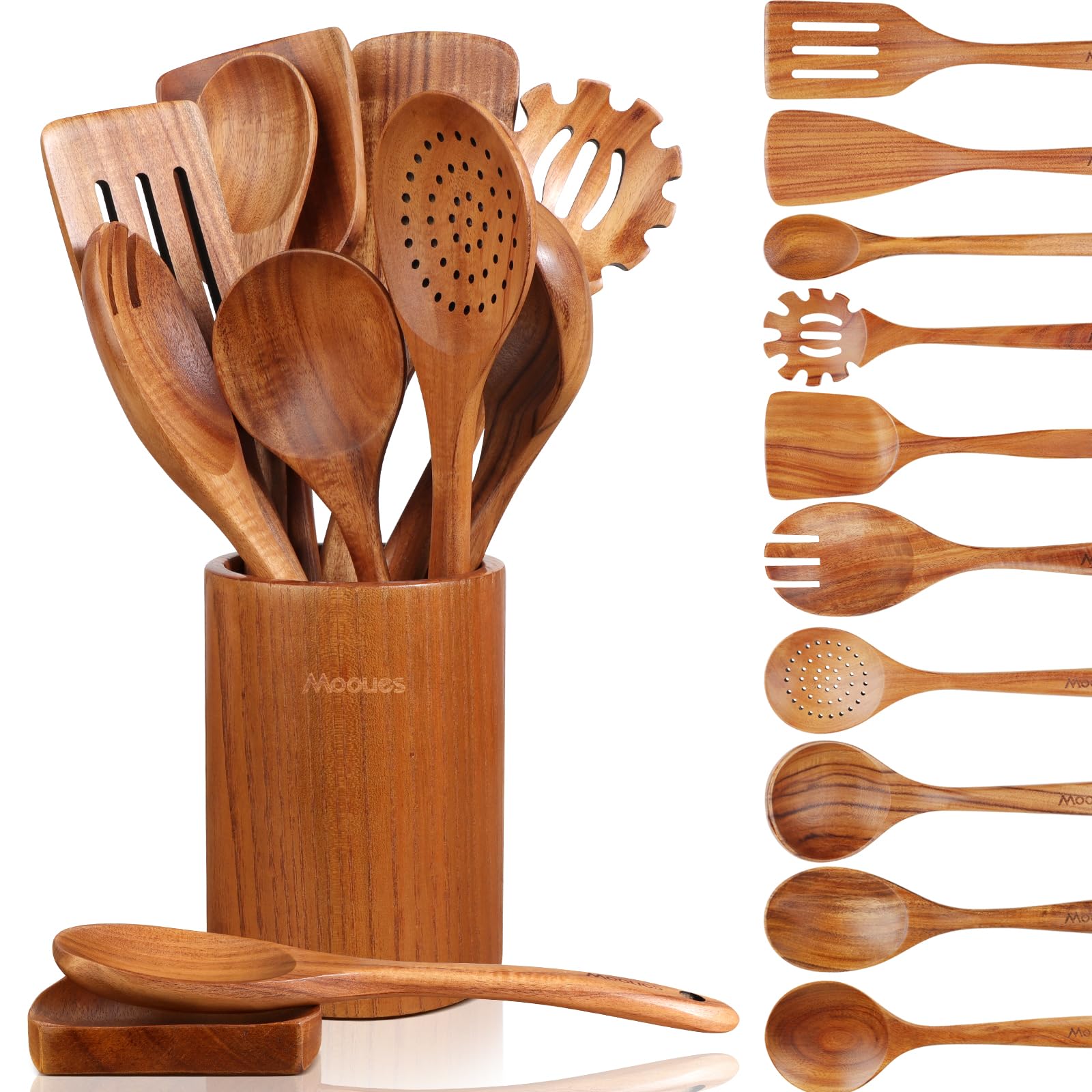Mooues 12-piece wooden spoon set with holder keeps counters tidy and ready for cooking.
