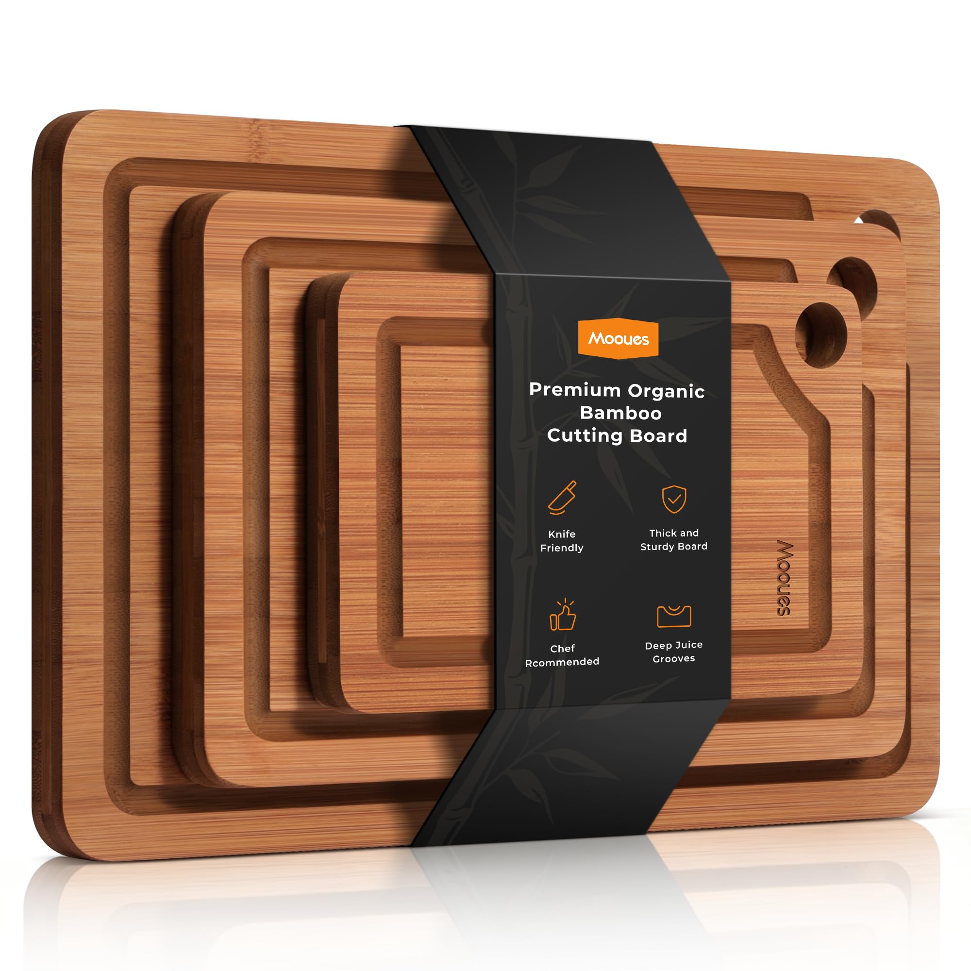 Mooues bamboo cutting board large surface, knife-friendly and great for meats and vegetables.