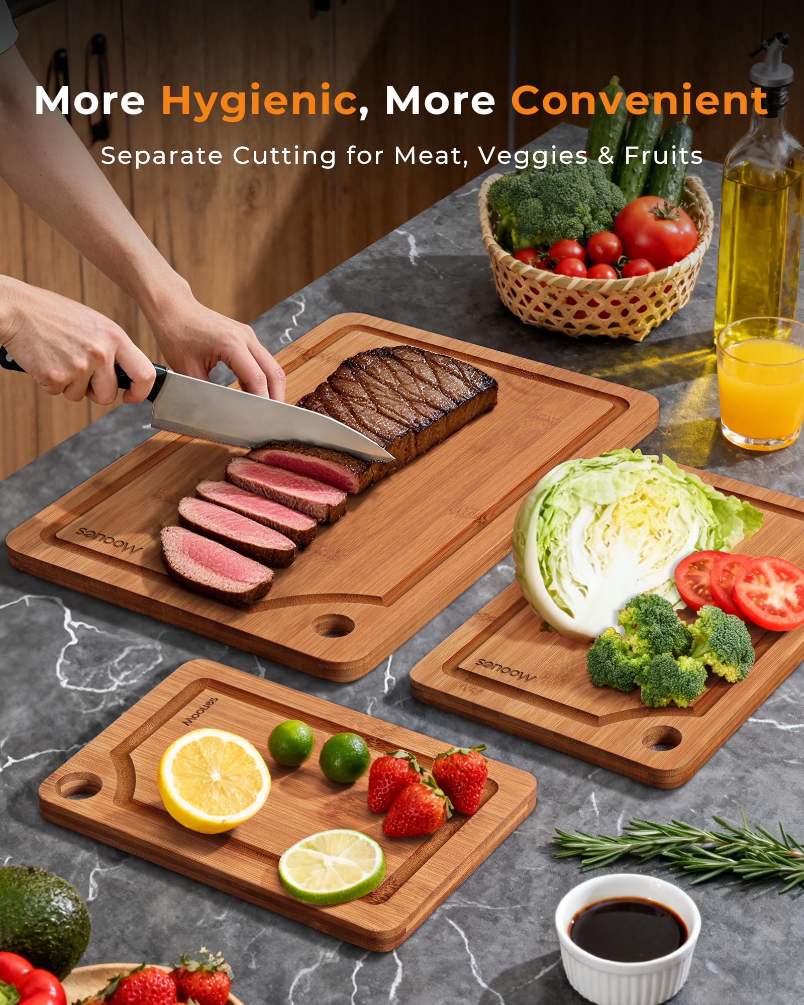 Mooues bamboo cutting board small for snacks and garnishes, compact and easy to store.