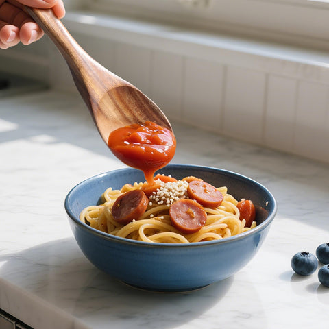 Mooues ergonomic teak handle reduces strain during long cooking sessions.