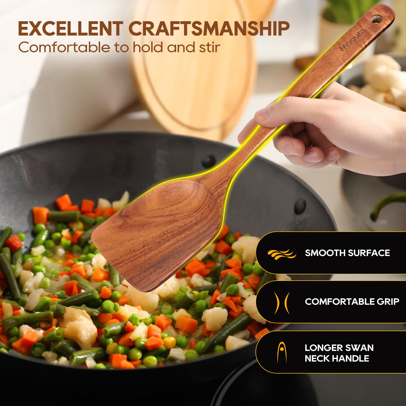 Ergonomic Mooues teak utensils reduce wrist strain during long meals.