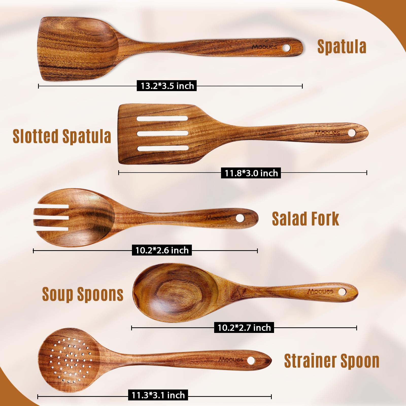 Mooues hand-sanded teak utensils offer a silky surface that will not scratch pans