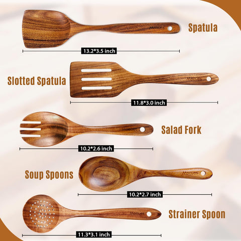 Mooues hand-sanded teak utensils offer a silky surface that will not scratch pans