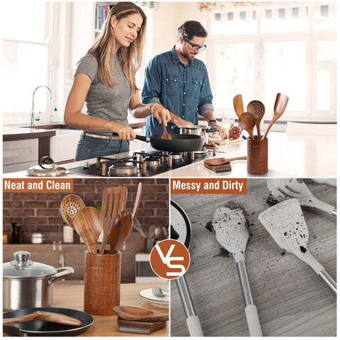 Mooues natural teak utensils upgrade kitchen decor while cooking.