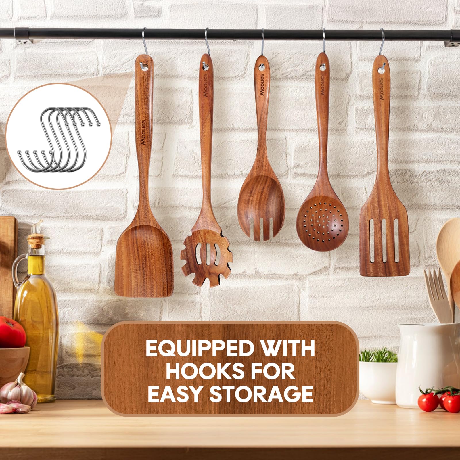 Mooues wooden utensils resist sticking, simplifying stirring and scraping.
