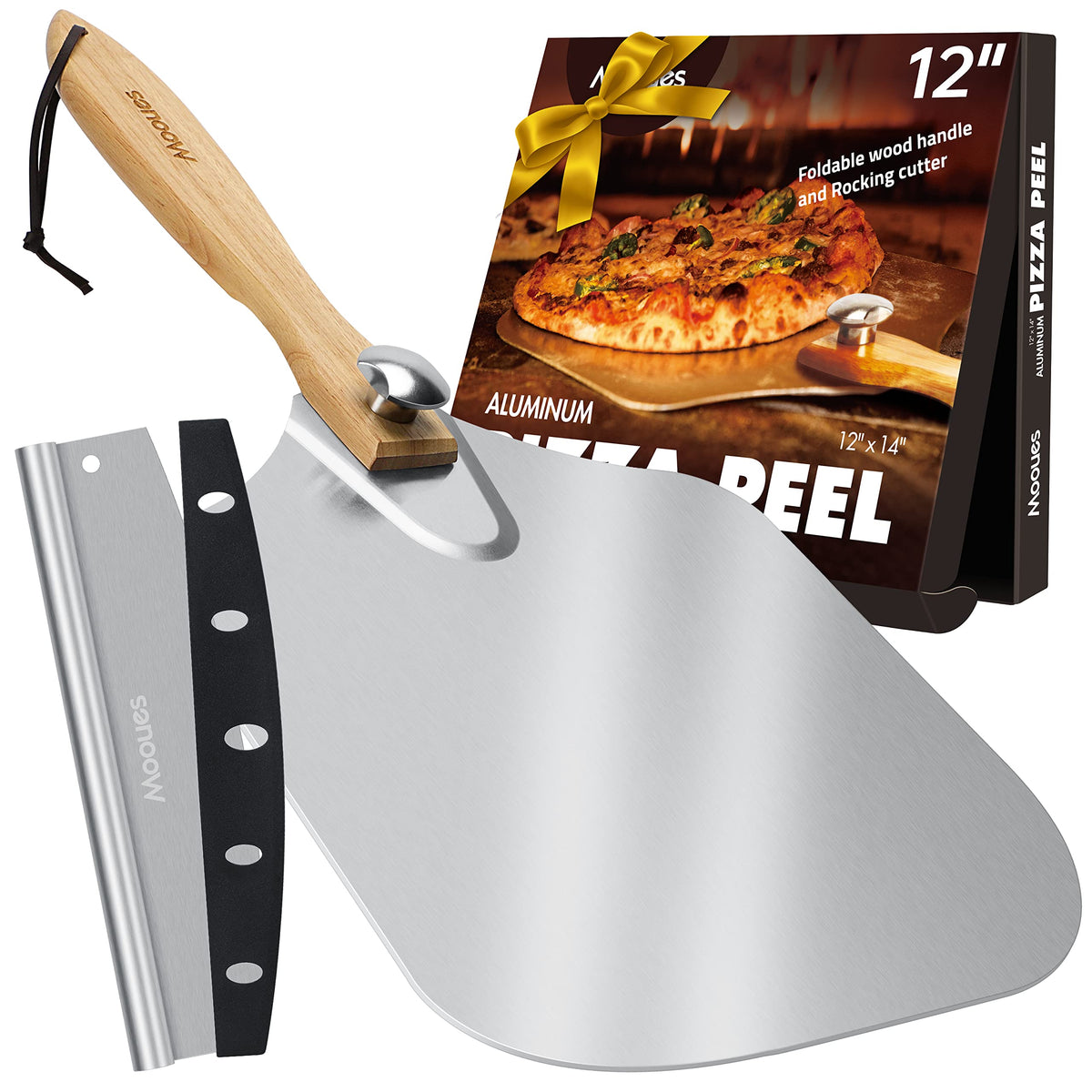 Mooues pizza peel folded to 12x14 inches showing compact storage and lightweight aluminum design.