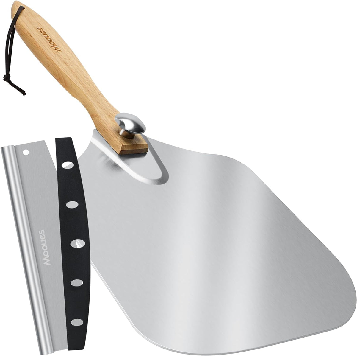 Mooues folded pizza peel with wooden handle for compact storage and easy grip