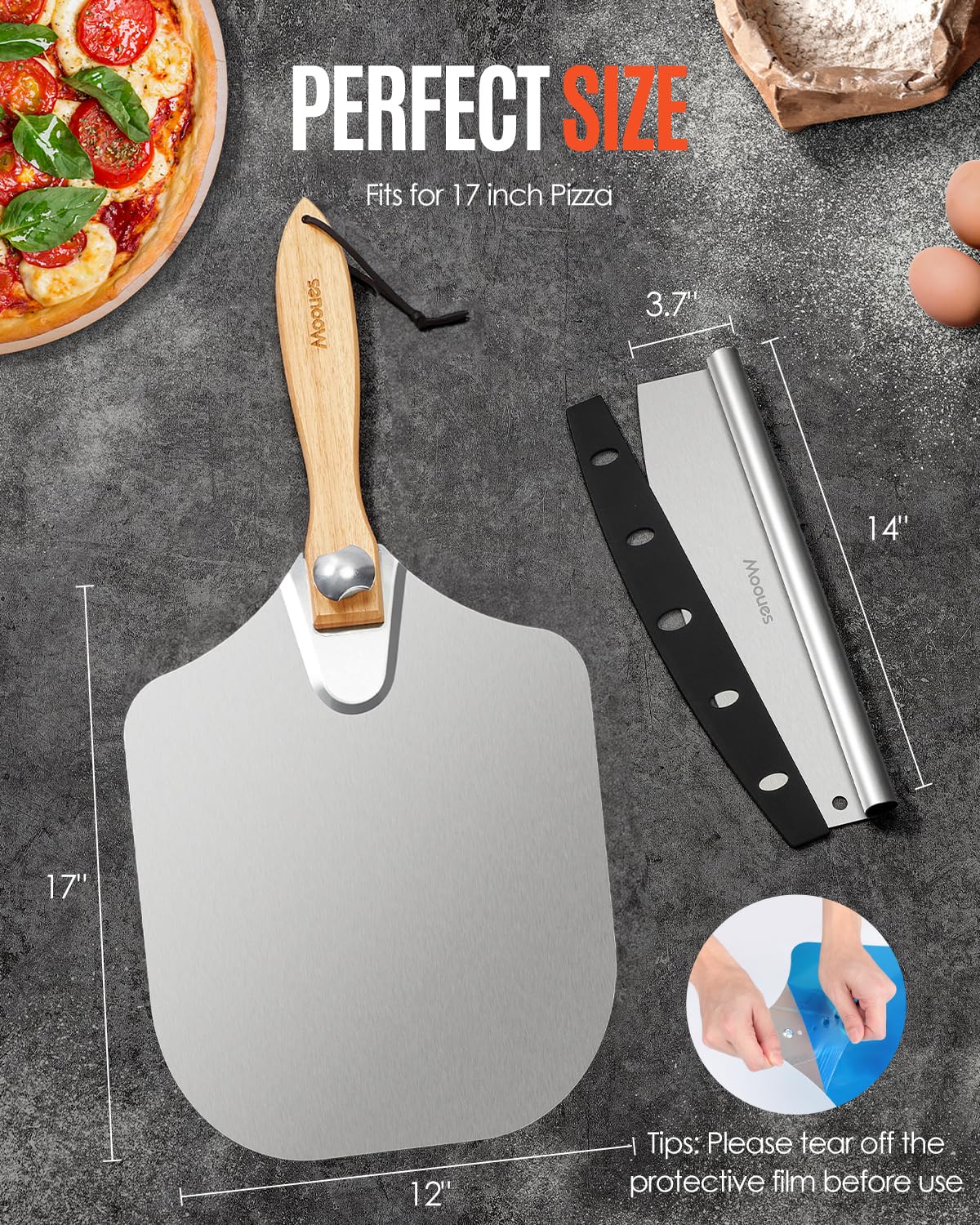 Mooues wooden-handle grip on pizza peel for comfortable handling