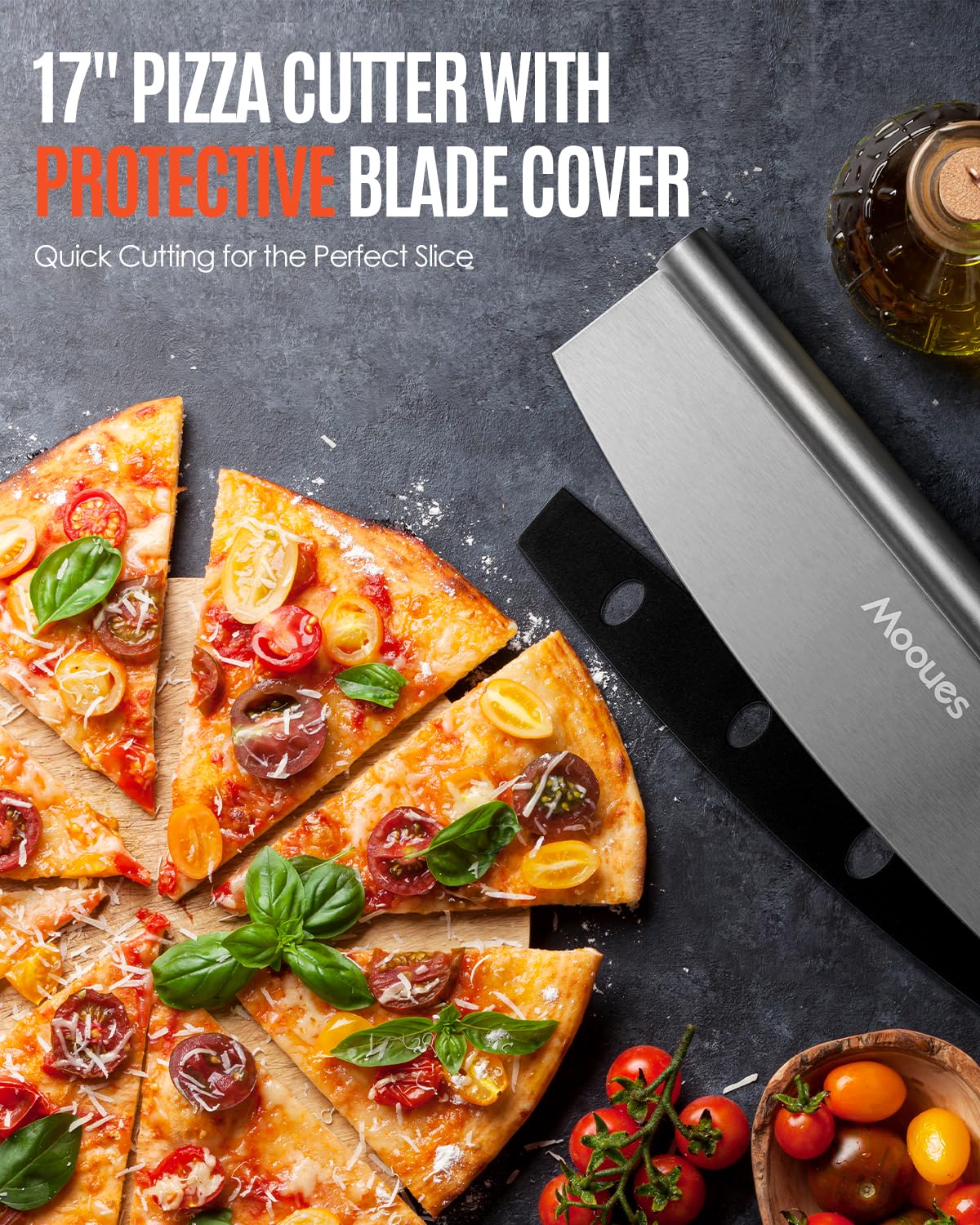 Mooues rocker cutter with cover for precise pizza slicing