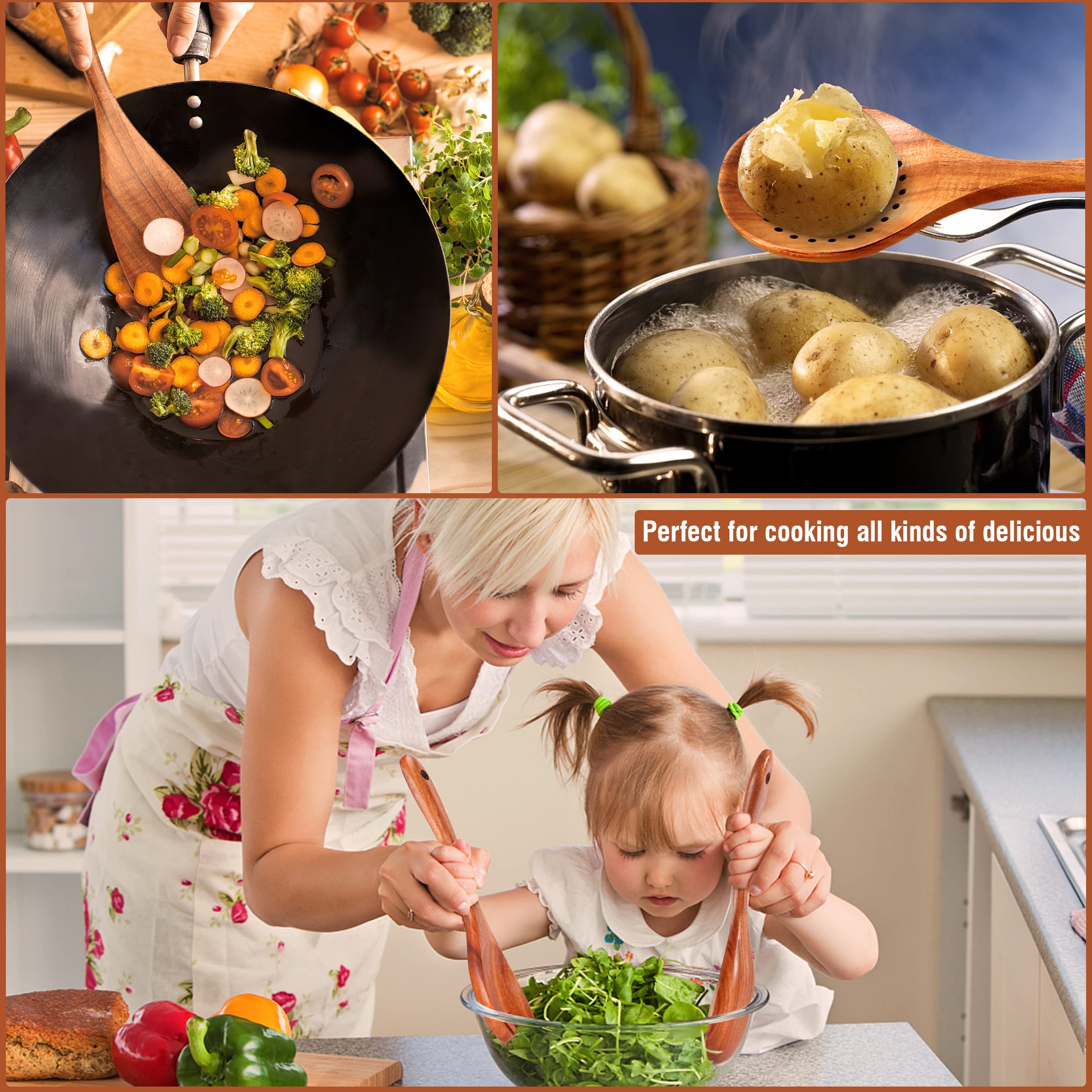 Mooues strainer spoon and salad fork suit stirring and serving.