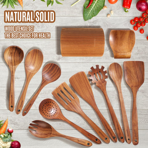 Mooues teak utensils with ergonomic handles reducing wrist strain.