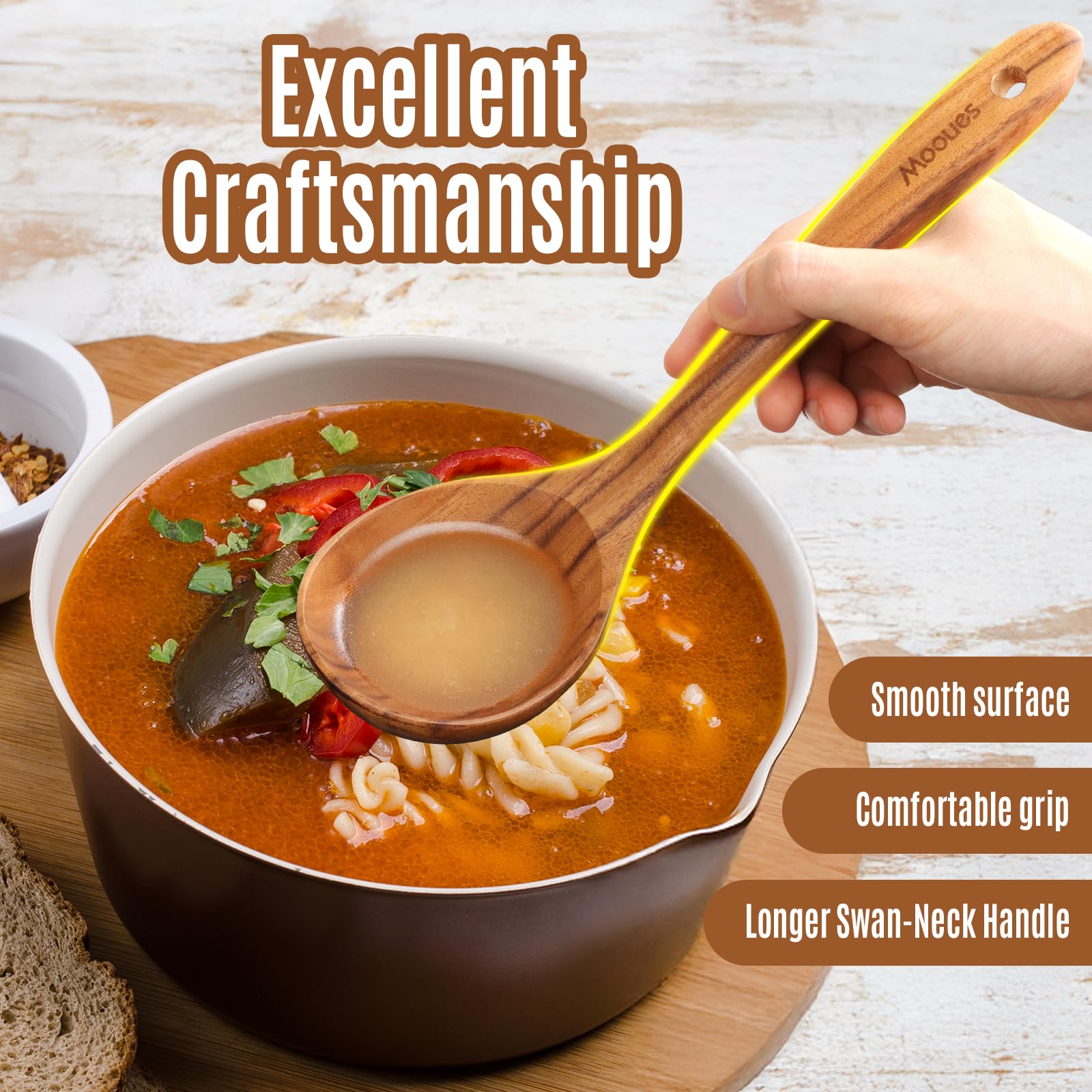 Mooues teak rice paddle blending gently with hot grains.