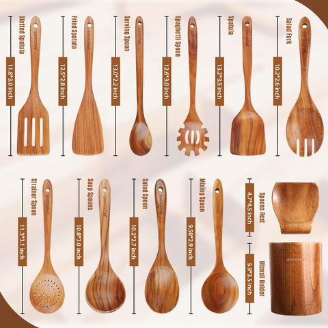 Mooues teak serving spoon for stir-frying and serving with a sturdy grip.