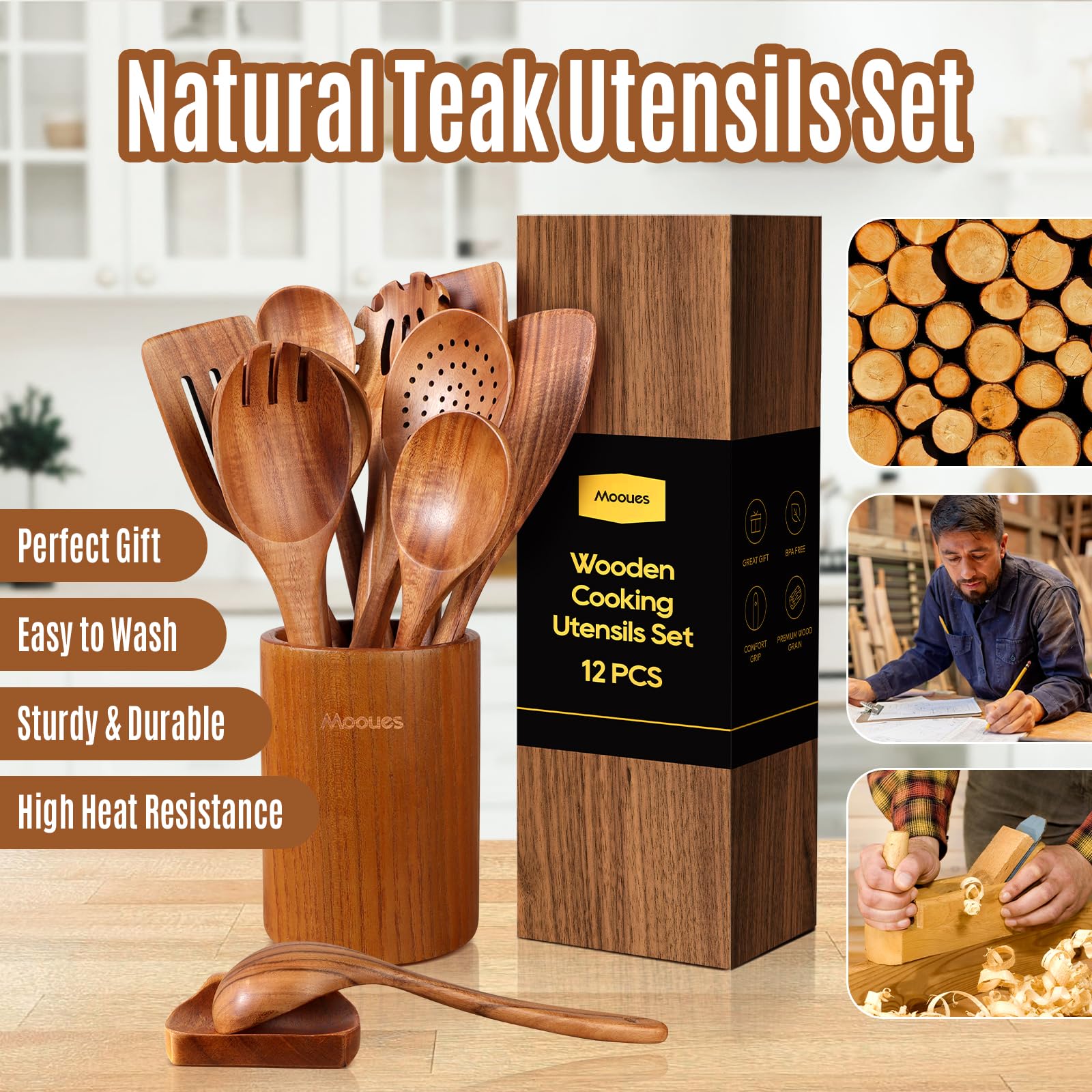 Mooues teak flat spatula for non-stick pans and precise flipping.