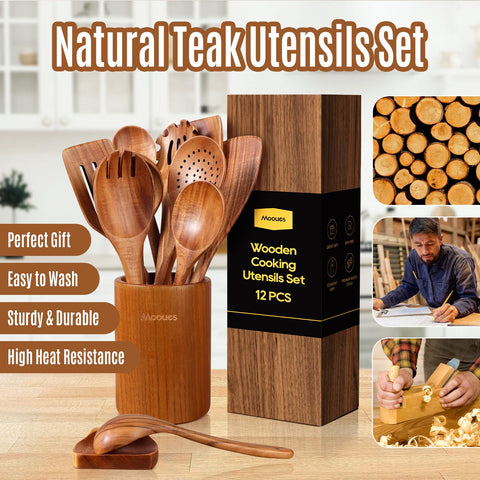 Mooues teak flat spatula for non-stick pans and precise flipping.