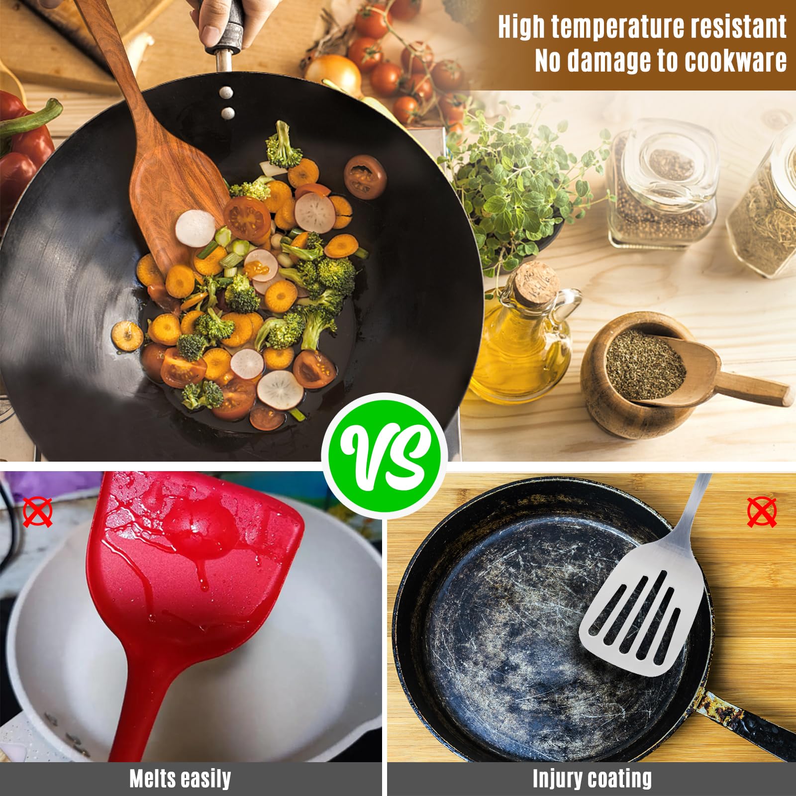 Mooues wooden spoon handle close-up, highlighting comfortable grip for precise mixing.