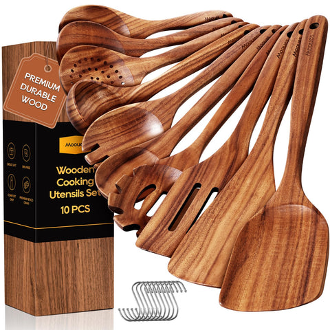 Mooues teak spoons ten-piece set with smooth finish for comfortable stirring