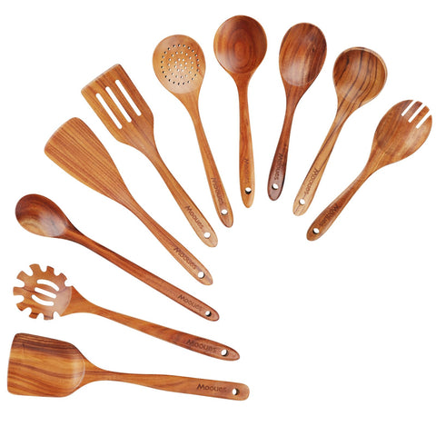 Mooues teak wooden spoons close-up, showing a smooth surface for gentle stirring.