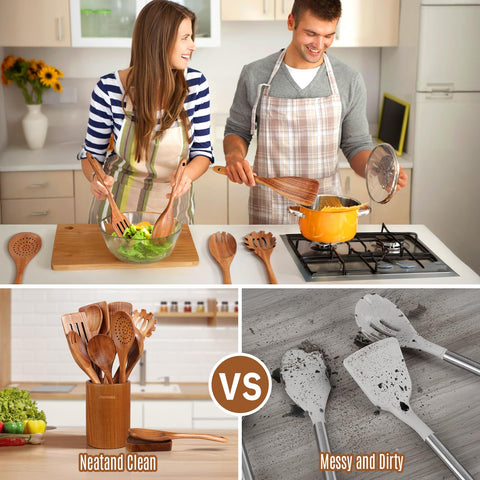 Mooues teak utensil holder keeps tools organized on the counter.