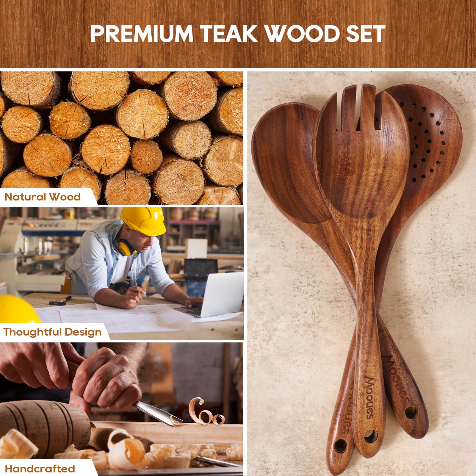 Mooues teak wood spatula collection with nonstick-friendly design and easy cleaning