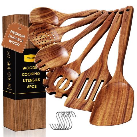 Mooues teak wood spoons 6pc set, durable and safe for daily cooking.