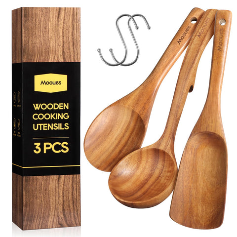 Mooues teak wood spoons set3 cooking spoon for gentle stirring with nonstick protection