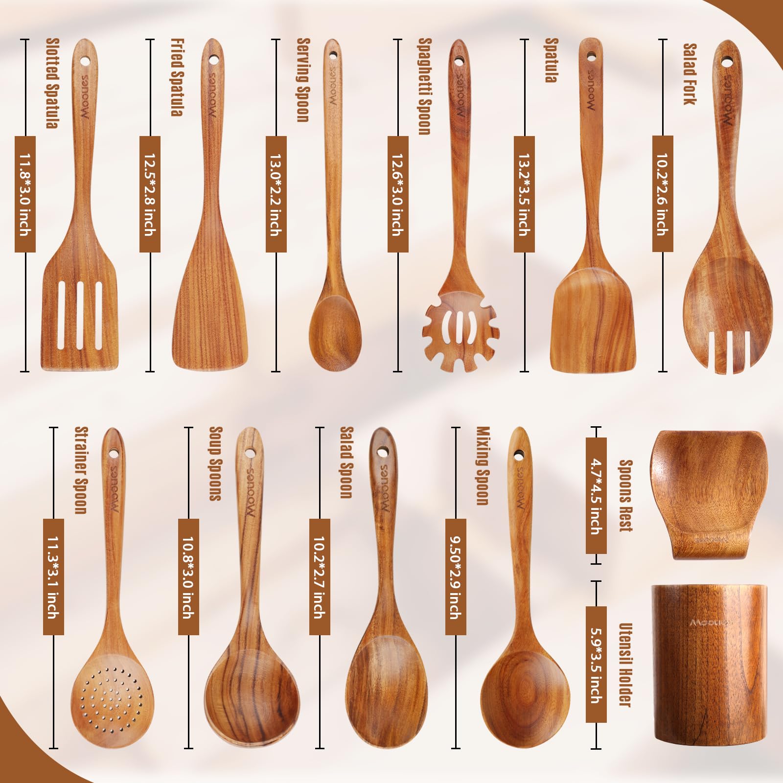 Mooues teak wood spoons with smooth finish ideal for gentle stirring.