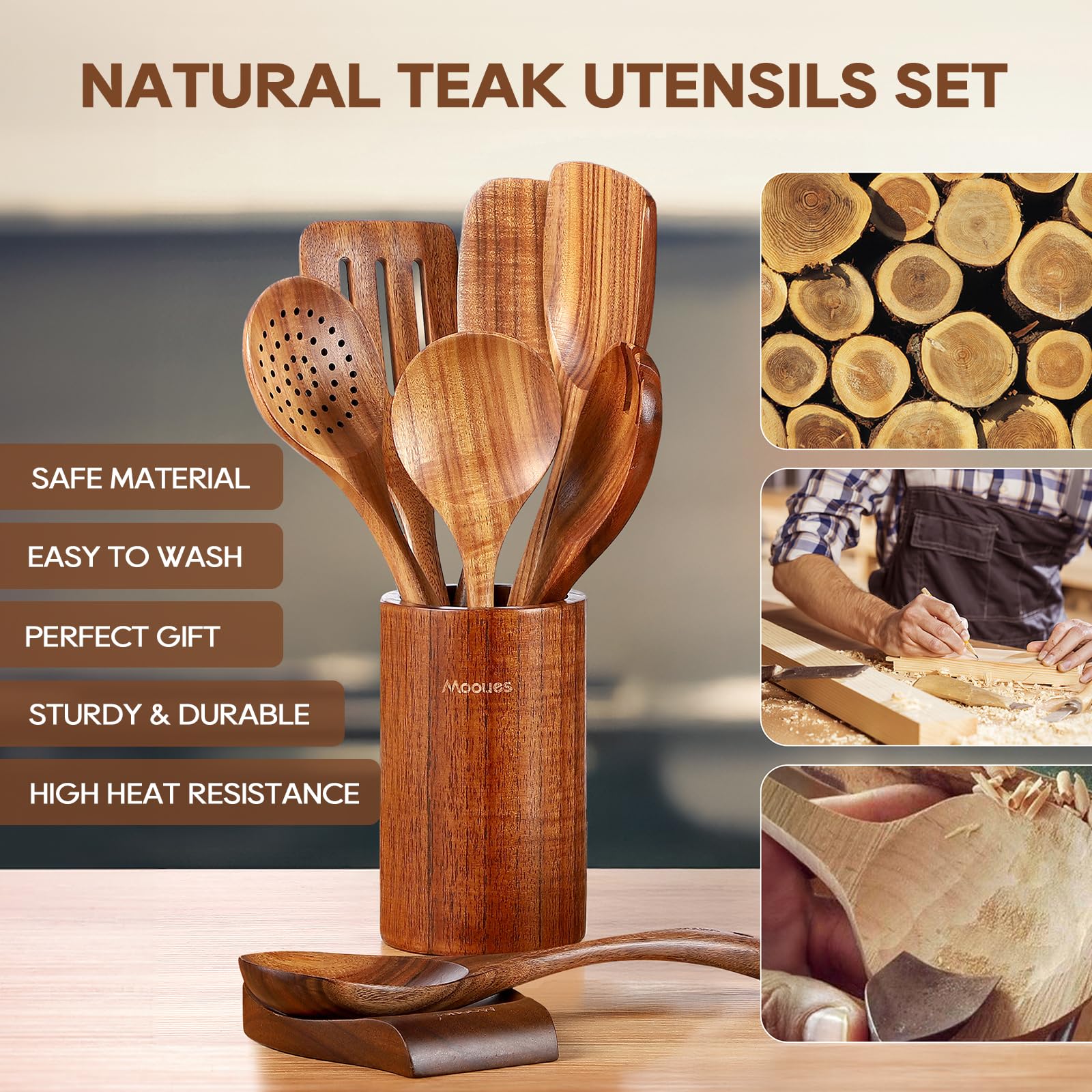 Mooues teak wood utensil holder keeps tools organized
