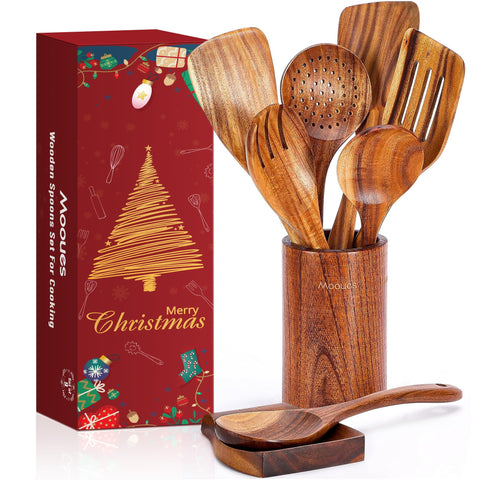 Mooues teak wooden spoons on counter show durable daily use