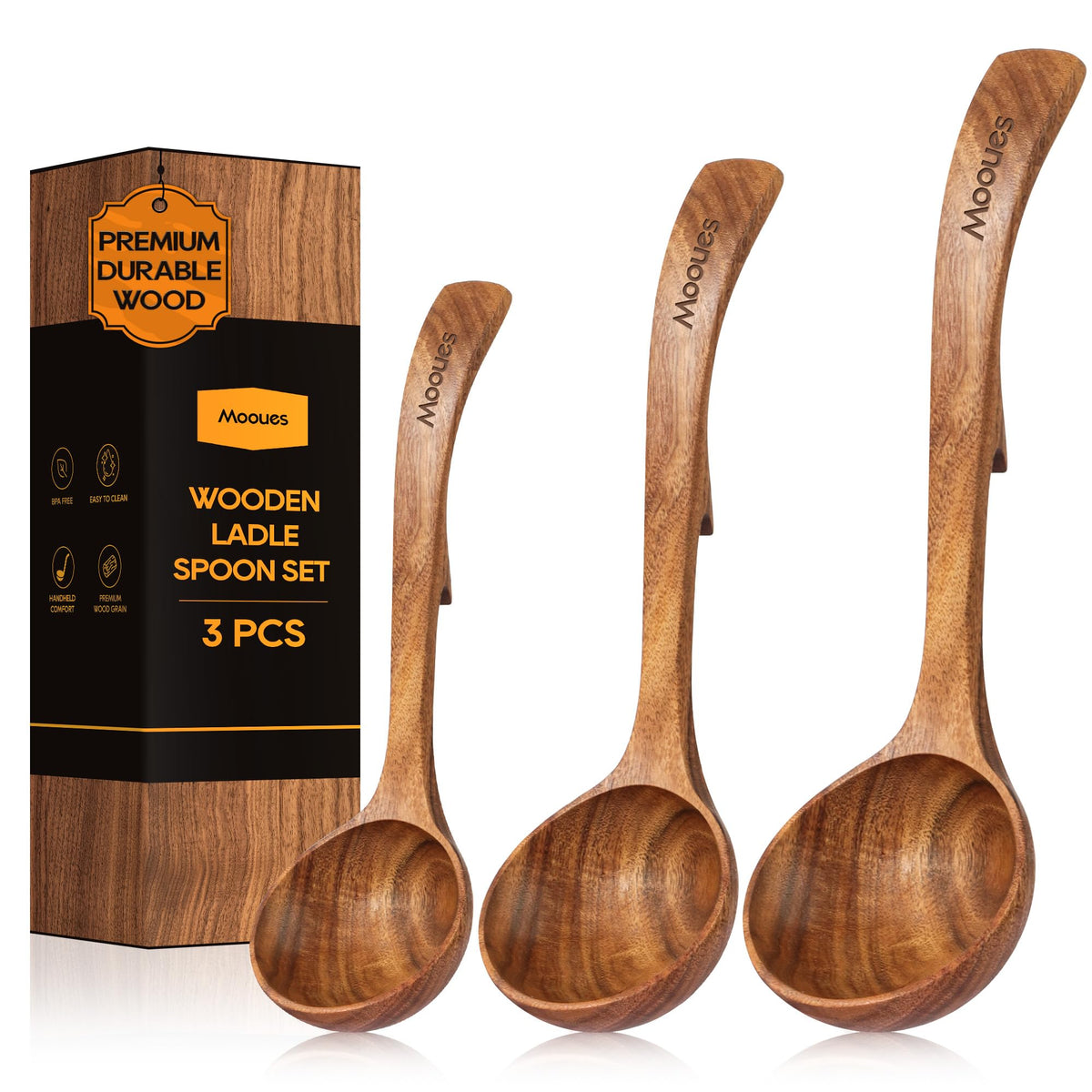 Mooues 10.6-inch wooden ladle for soup with smooth teak finish for comfortable stirring