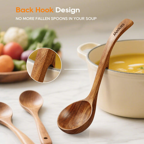 Mooues wooden ladle with back-hook design keeps it on pot rims